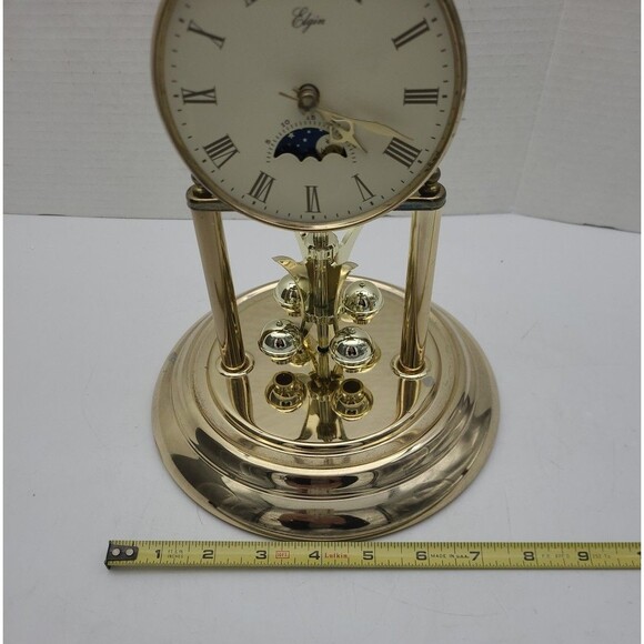 Elgin Moon Phase Desk Mantle Clock Quartz Glass Brass Dome 11" Parts - Picture 7 of 10